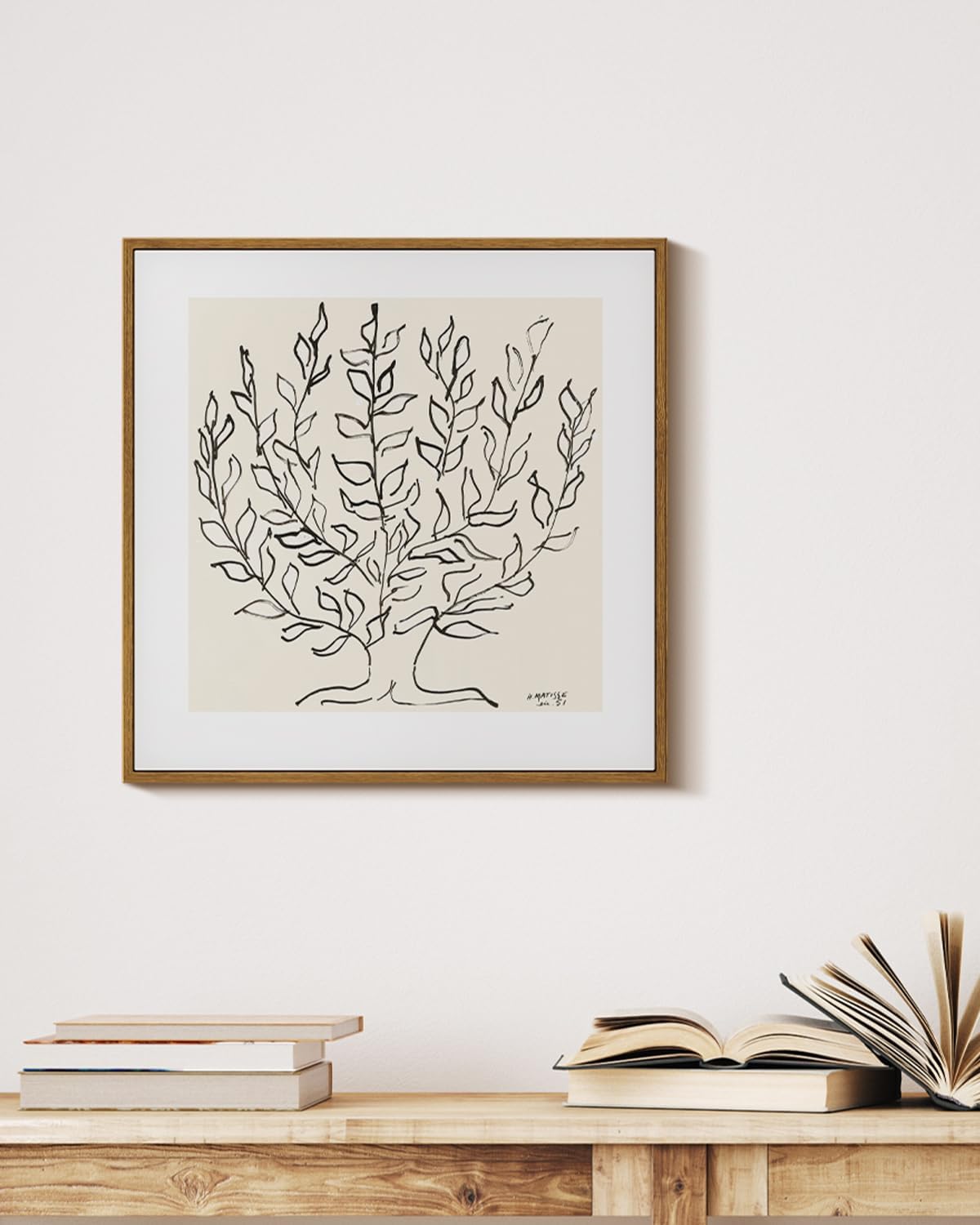 Vintage Framed Canvas Wall Art Plain Tree Drawing, Boho Wall Art Modern Home Decor, Square Botanical Wall Art for Living Room Bedroom Bathroom, Black and White Canvas Leaf Art 16x16 Inch