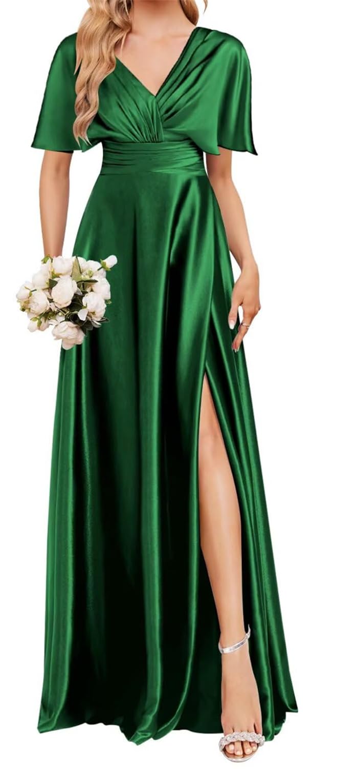 YIANN Emerald Green Bridesmaid Dresses for Women Pleated A Line V Neck Satin Formal Party Gown Evening Dress UK18