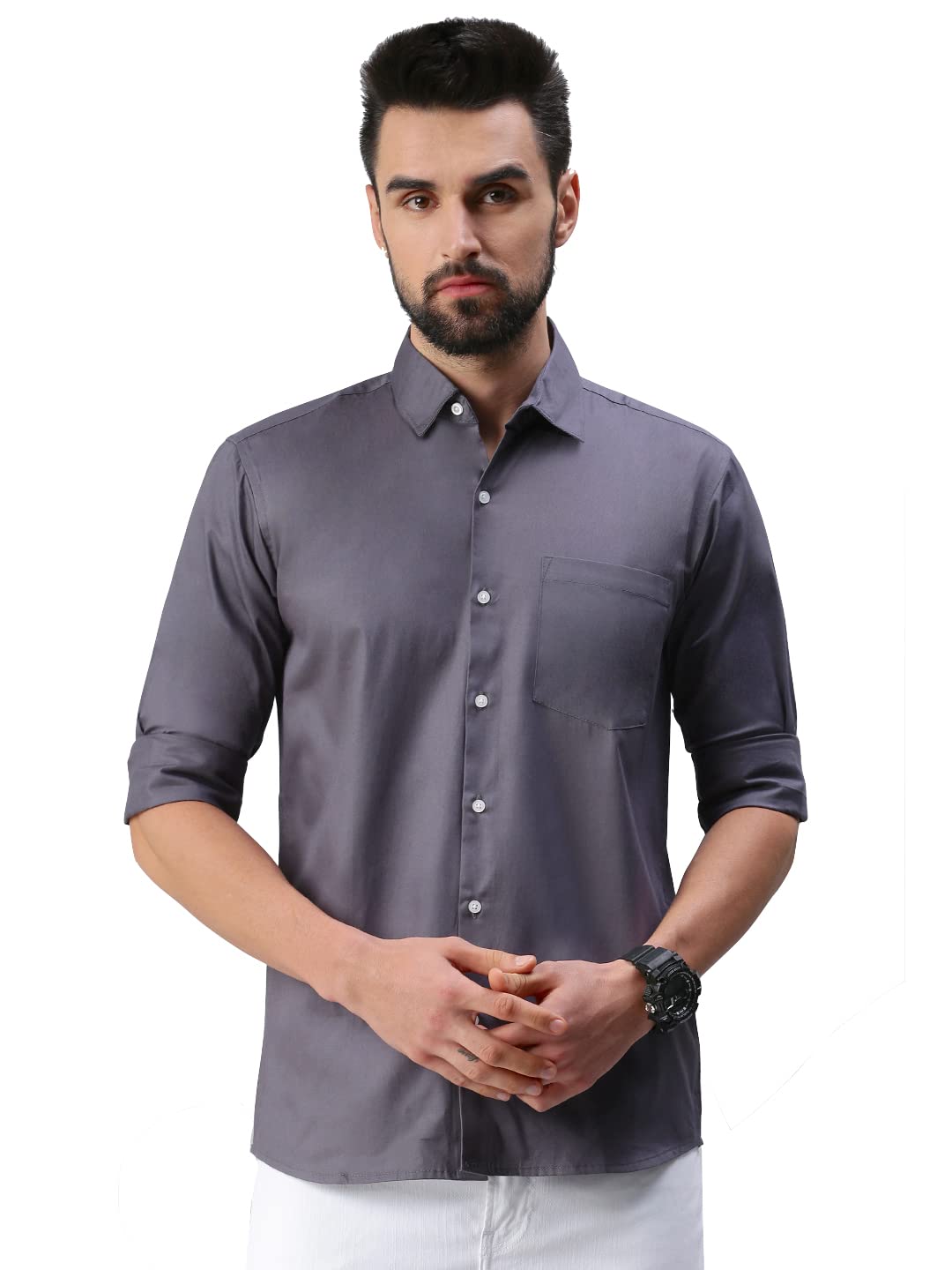 Peppyzone Men's Solid Regular Fit Shirt (LR-S16836_Cool Grey XL)