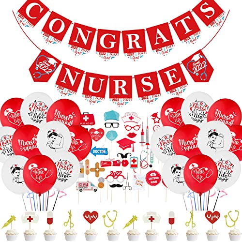QICI Nurse Graduation Birthday Party Decorations Include Congrats Nurse Banner, Photo Booth Props,Cupcake Toppers and Nurse Balloons Nursing School Graduation Nurse Day Party Supplies