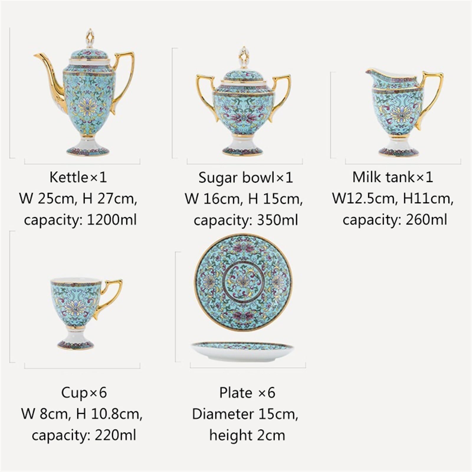 Jarra Juego de té la tarde café cerámica 15 piezas | Juego de taza y platillo de café Bone China
