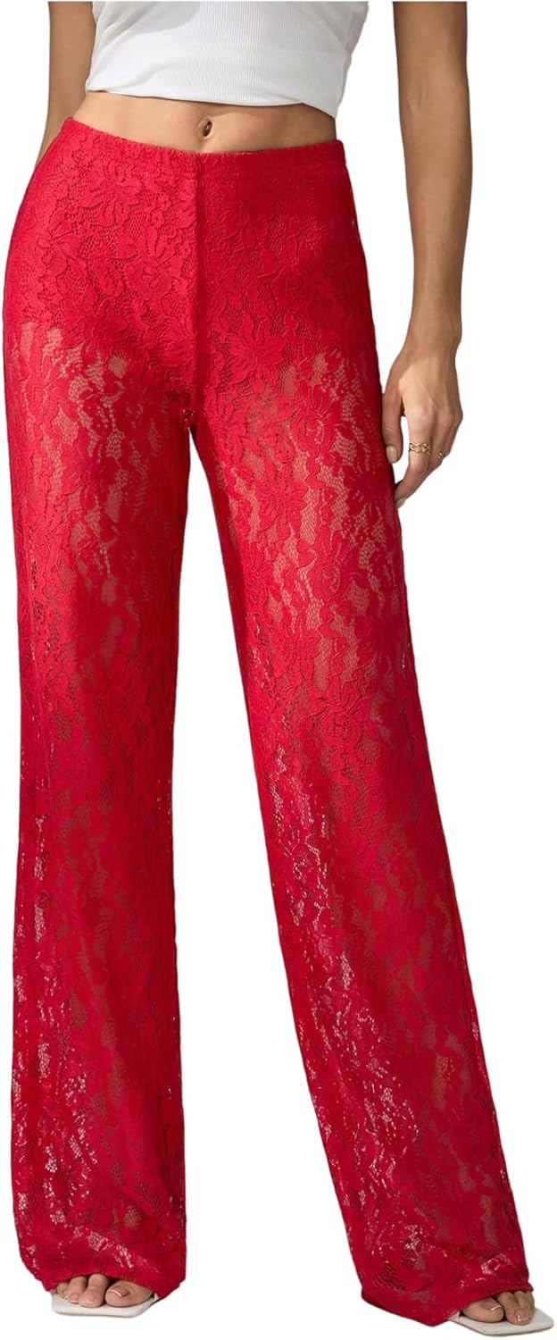 RoseSeek Women's Y2K Floral Lace See Through Pants Sheer Straight Leg Long Pants Club Wear