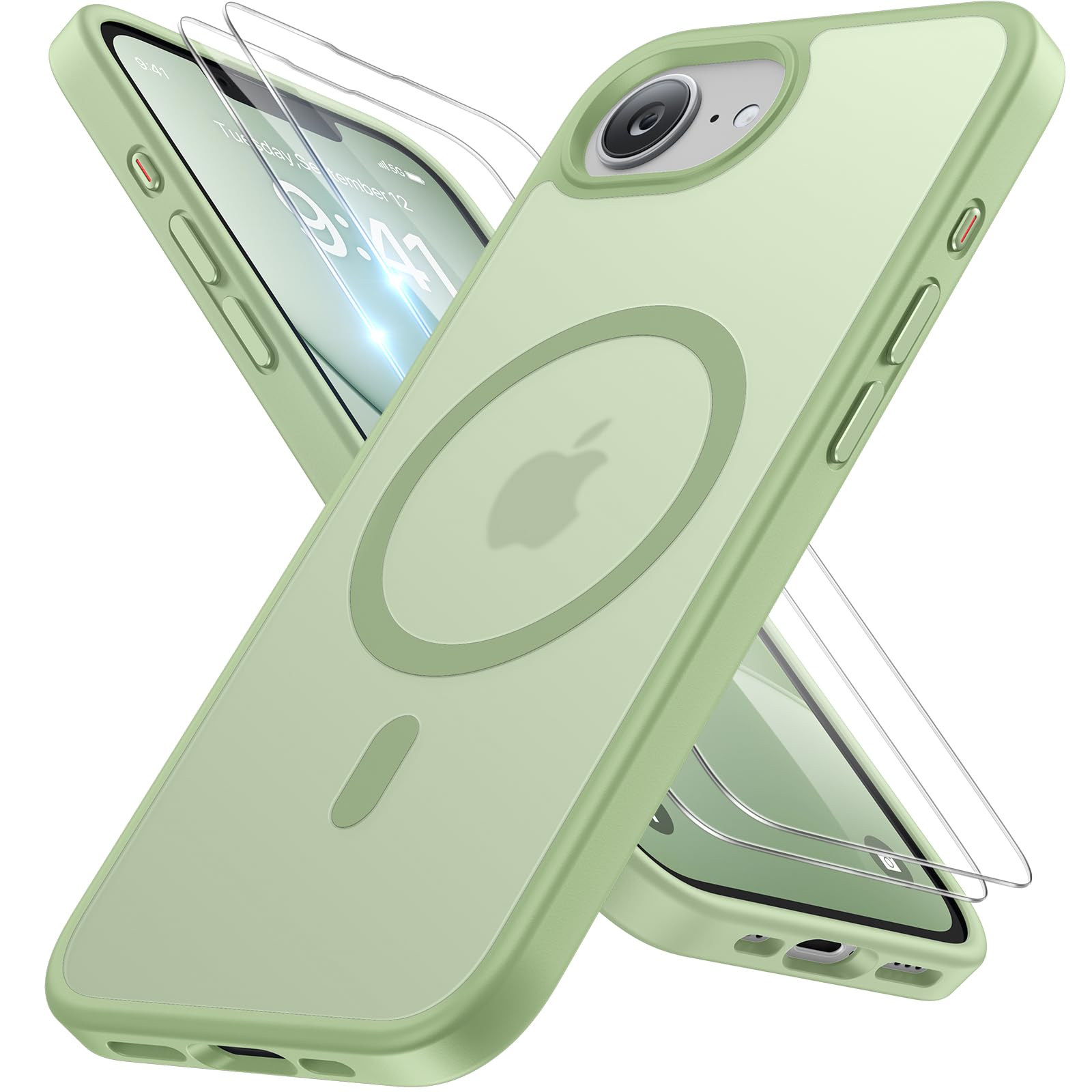miracase for iPhone 16e case &amp; iPhone 17e Case for MagSafe [with 2×9H+ Screen Protectors] TOP Military-Grade Protection Shockproof with Velvet Touch for iPhone 16e/17e Phone Case 6.1", Light Green