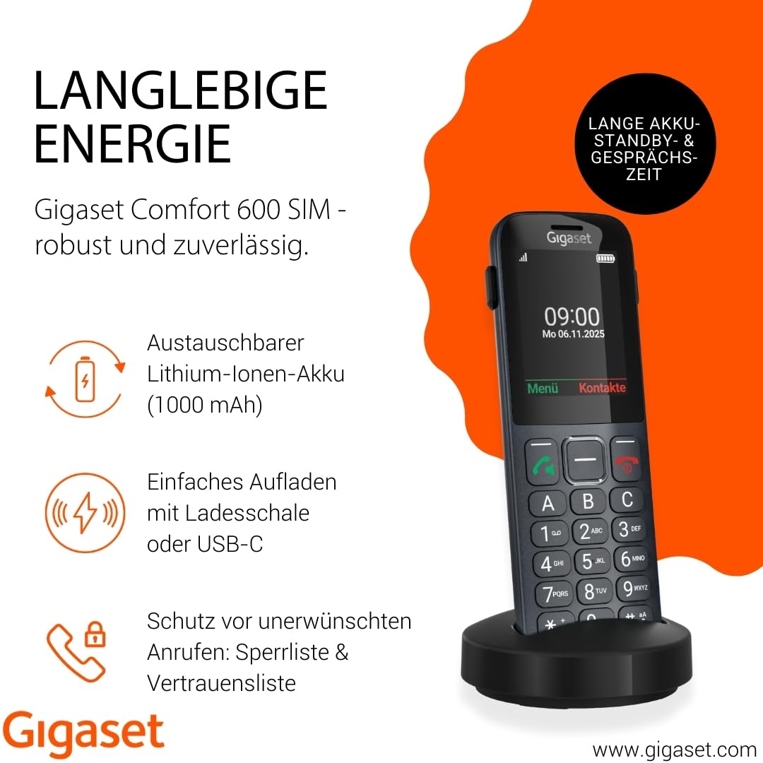 Gigaset Comfort 600 SIM – 4G Volte HD-Telefon mit 2,4" Farbdisplay, Bluetooth 5.0, Hörgerätekompatibel, Großer Speicher für 500 Kontakte, kompatibel in DE, IT, FR, NL, BE, Che, AUT, anthrazit