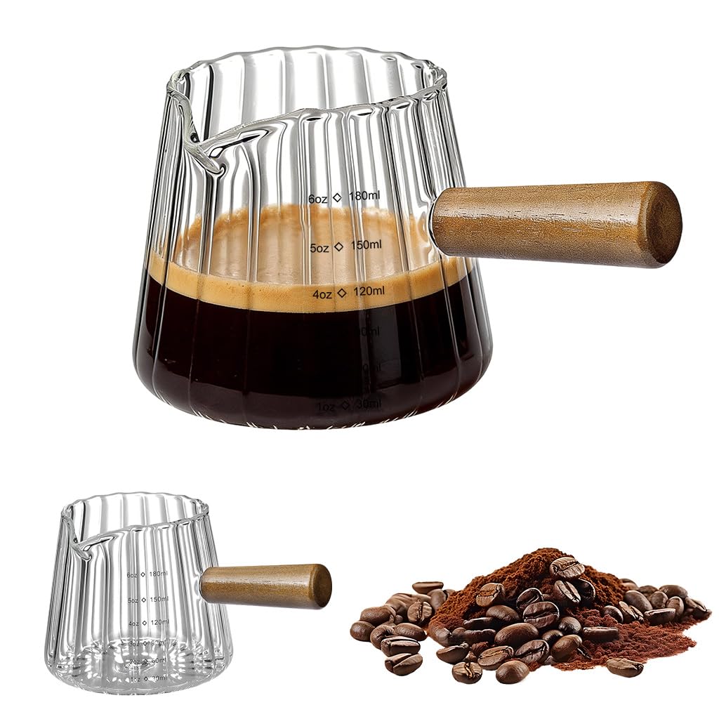 Supvox® Ribbed Glass Espresso Measuring Cup with Wooden Handle 6oz/180ml Heat Resistant Glass Pitcher, V-Shape Pour Spout Milk & Syrup Measure Cup with Oz/ml Markings for Coffee, Cocktails & Baking-image-47