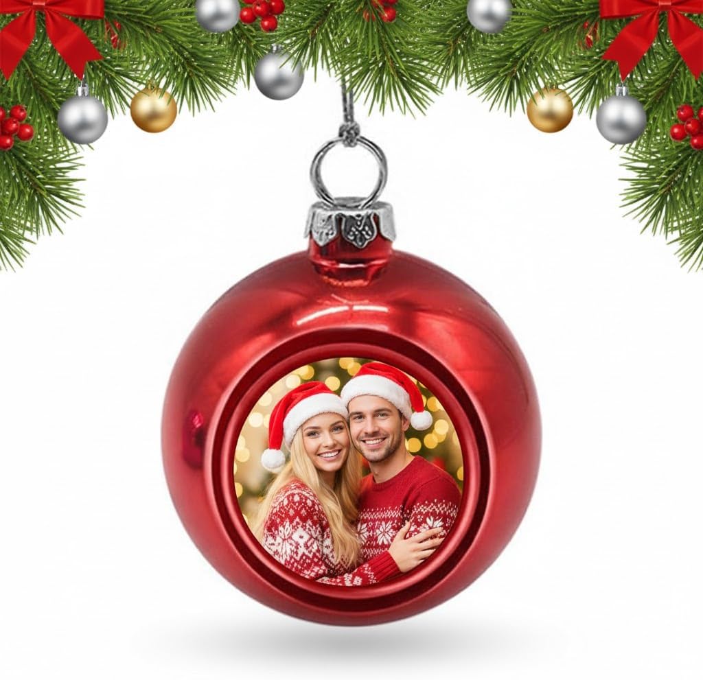Custom Photo Christmas Ball Ornaments 2025 Personalized Picture Logo Name Xmas Festive Baubles Bulk 1-100 PCS Decor Pendant for Christmas Tree Decorations Gifts for Family Couples, Dog, Pet, Red