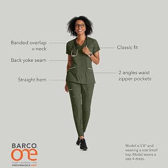 BARCO One Performance Knit Victory Classic Fit Scrub Top for Women 2-Pocket, V-Neck Shirt with 360 Spandex Stretch