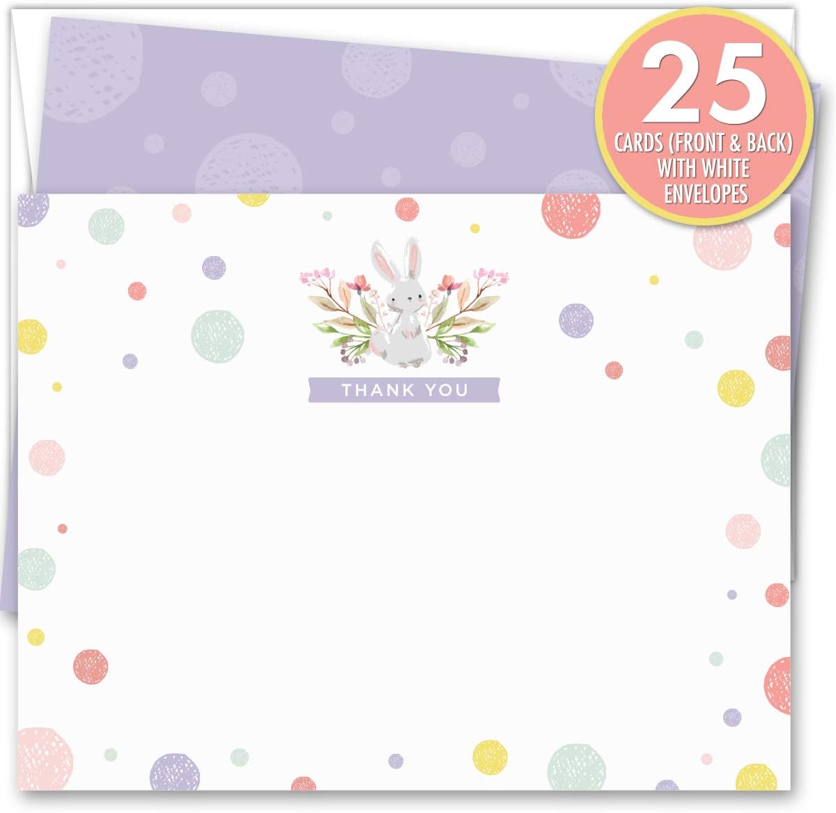 Koko Paper Co Spring Bunny Thank You Cards | 25 Flat Note Cards and Envelopes | Printed on Heavy Card Stock.