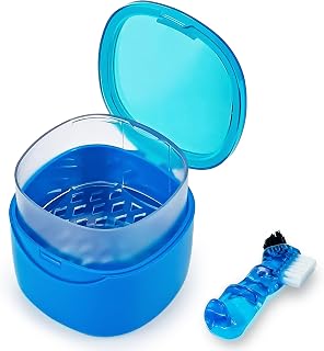 Denture Cleaning Case Dental Retainer Container Soaking Cup with Brush, Denture Storage Bath Box Case Cup Mouthguard Storage Holder Travel - Leak Proof with Lid Waterproof - Blue