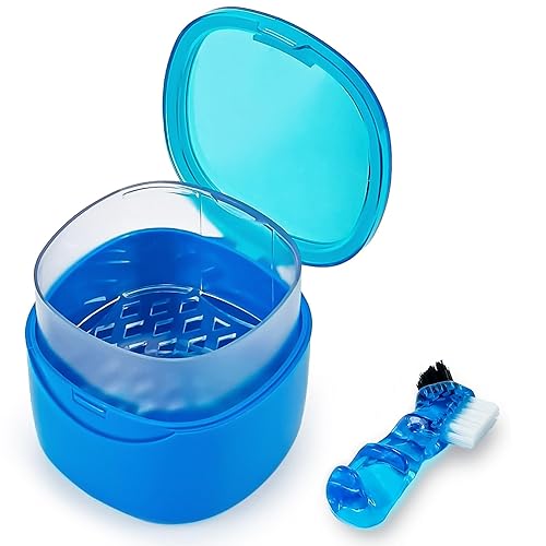 Estuche de Limpieza de Dentaduras Postizas Contenedor de Retenedor Dental Taza de Remojo con Cepillo, Caja de Baño de Almacenamiento de Dentaduras