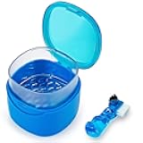 EZEELAI Denture Cleaning Case Dental Retainer Container Soaking Cup with Brush, Denture Storage Bath Box Case Cup Mouthguard Storage Holder Travel - Leak Proof with Lid Waterproof - Blue