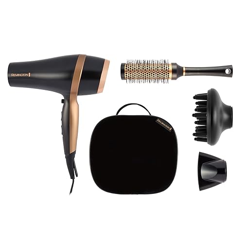Remington Hair Dryer (Gift Set with Concentrator & Diffuser, Ceramic Ionic Grille, 3 Heat & 2 Speed Settings and Cool Shot, Premium Storage Bag, Round Brush, 2000W) Salon Smooth D6960GP