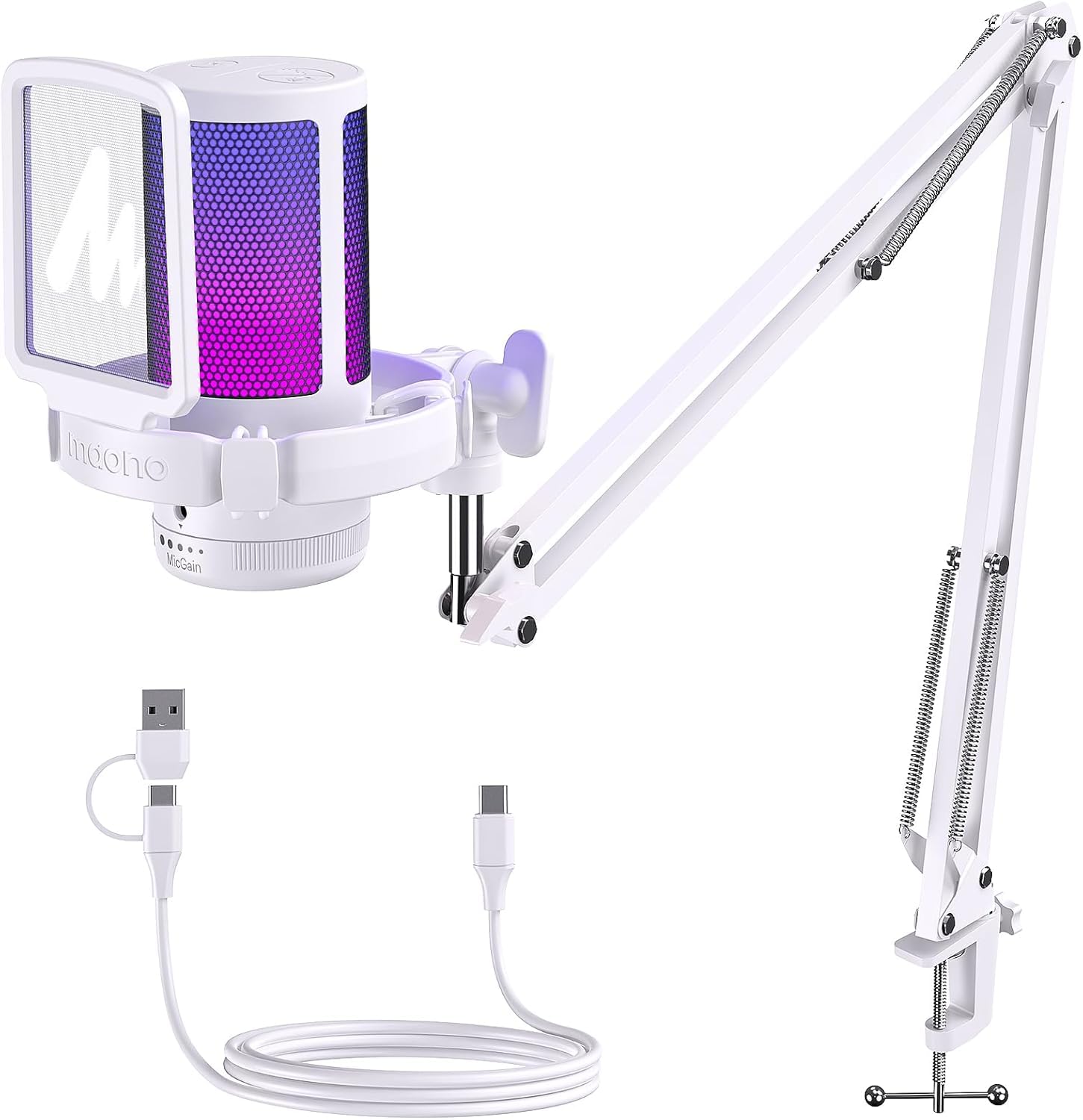 MAONO USB Gaming Microphone with Noise Cancellation, Computer PC Condenser Mic with RGB Light, Mute, Gain, Monitoring for Streaming, Podcast, YouTube, Twitch, Discord, PS5/4, GamerWave DGM20S White-image-17