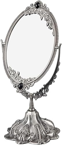 Miniatura 8 de Guppy Espejo de maquillaje vintage de metal, espejo cosmético ovalado de mesa, espejo cosmético giratorio vintage de doble cara con base de soporte