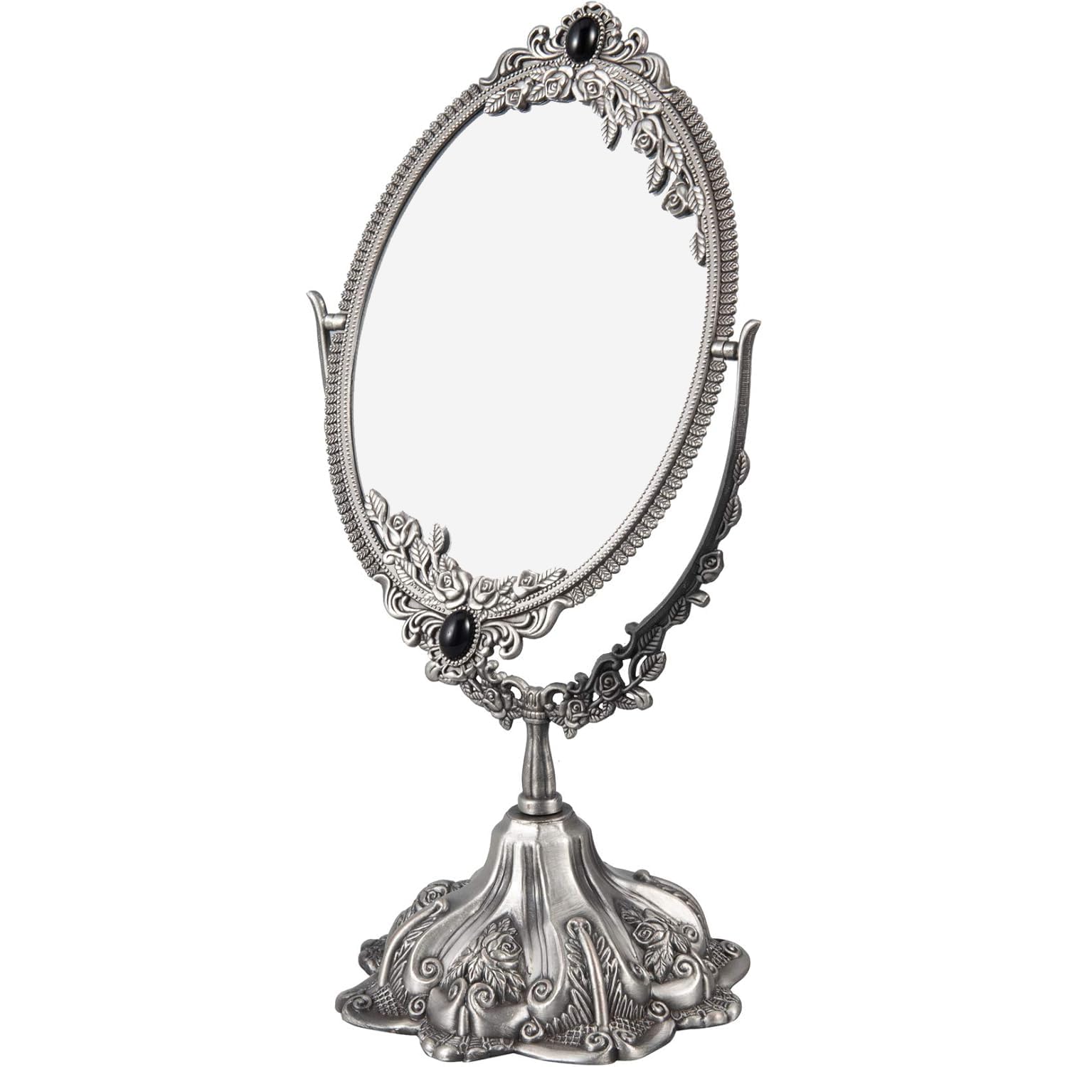 Guppy Small Metal Vintage Makeup Mirror, Floral Tabletop Oval Cosmetic Mirror, Vintage Swivel Double Sided Cosmetic Mirror, with Embossed Frame Base,