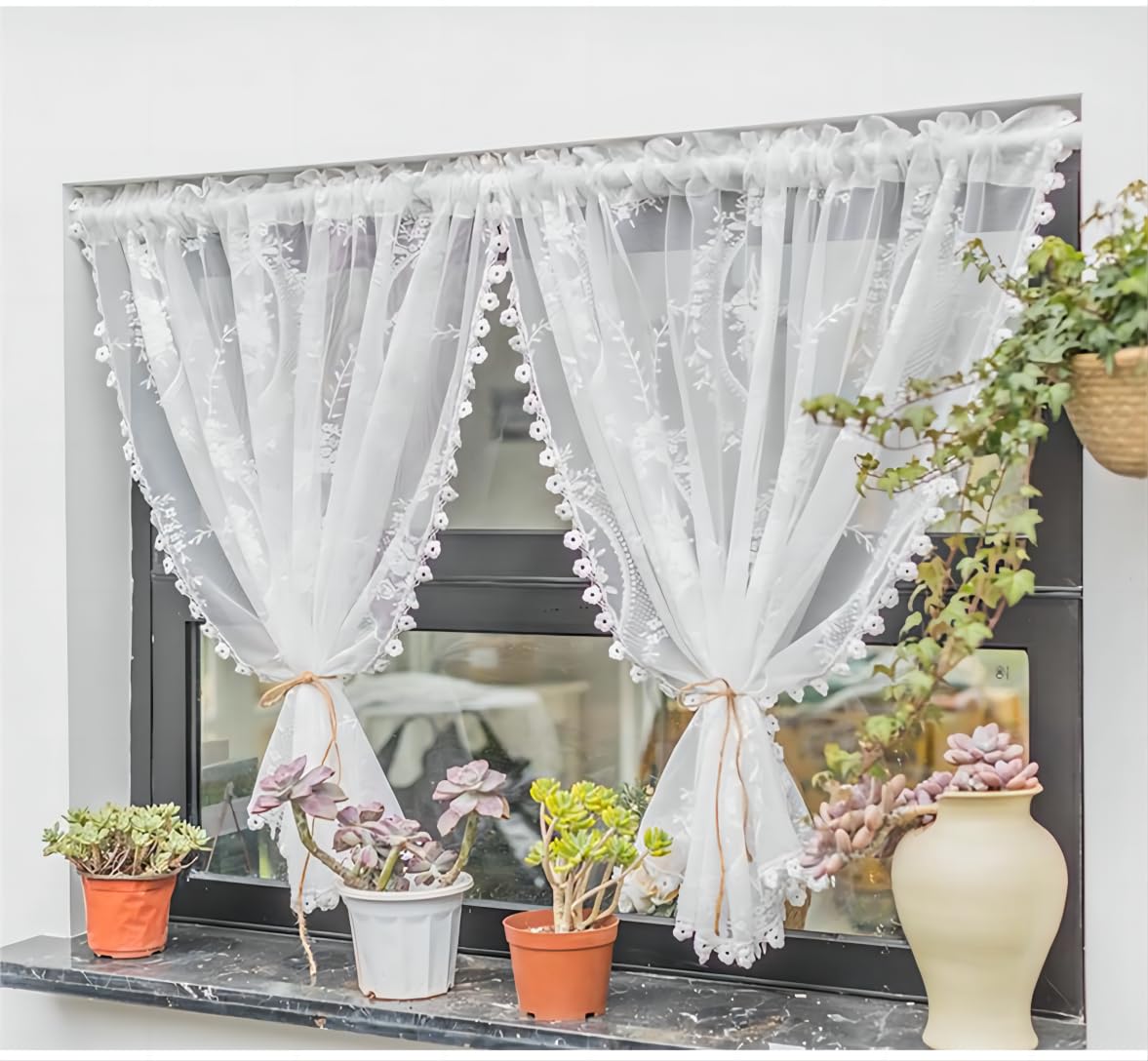 Rideau brise-bise broderie florale haut de gamme pour voilage de salon