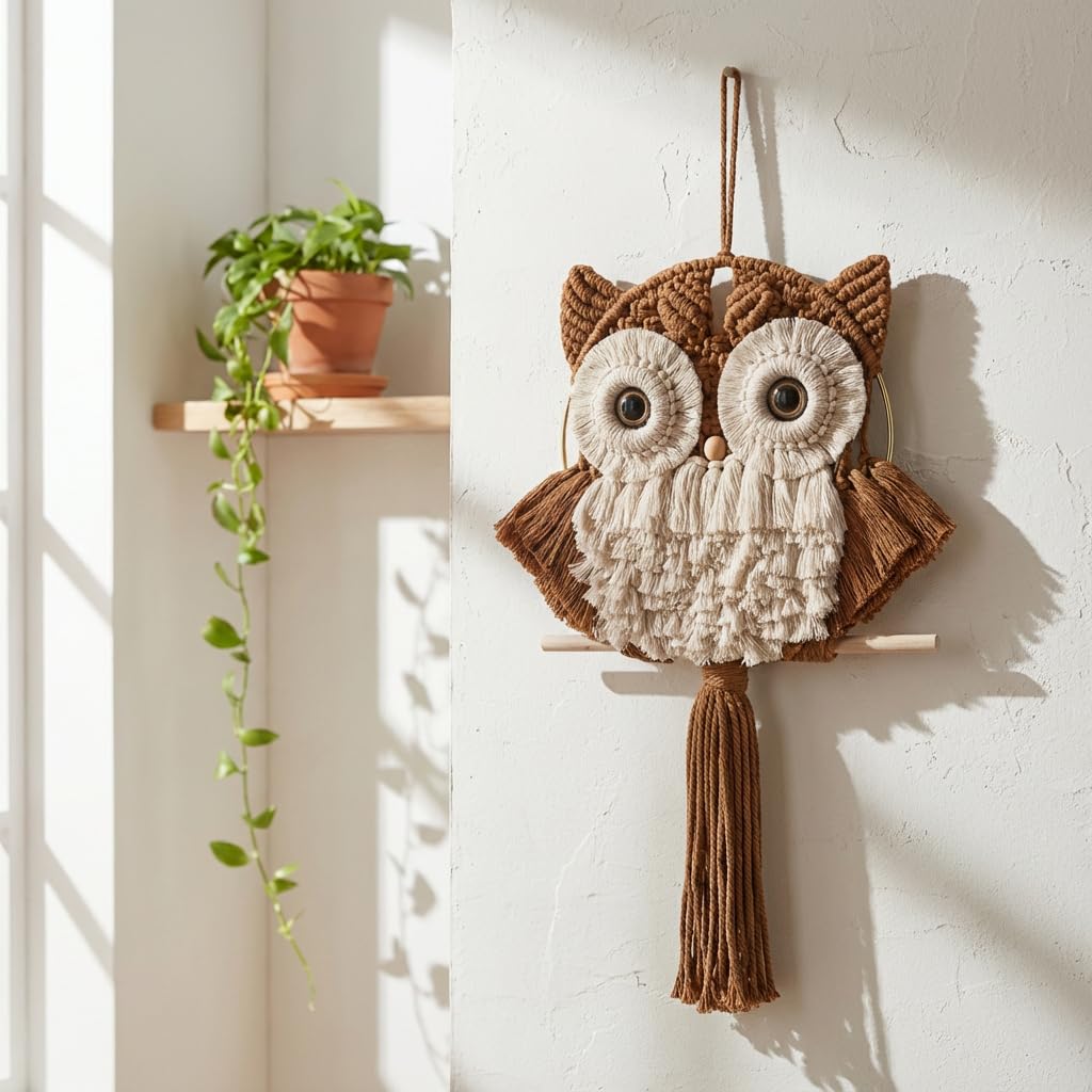 ACEDSGN Macrame Owl Wall Hanging - Handmade Boho Hanging Tapestry Art Home Decor, Nature-Inspired Gift for Owl Lovers, Sustainable Fiber Wall Art