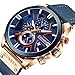Curren Mens Watches Chronograph Big Dial Male Watch Wrist Leather Waterproof Sport Army Military (Rose Gold Blue)
