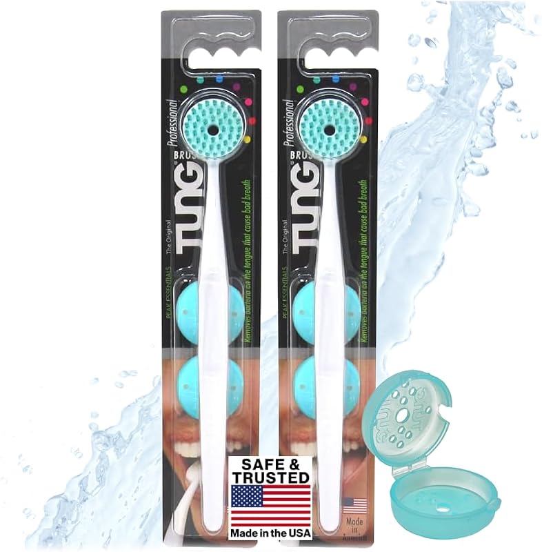 Tung Plastic Tongue Cleaning Brush, Tongue Cleaner, USA Made, 2-Pack | Includes 2 tongue cleaning brushes with travel caps for daily oral hygiene, fresh breath & halitosis care