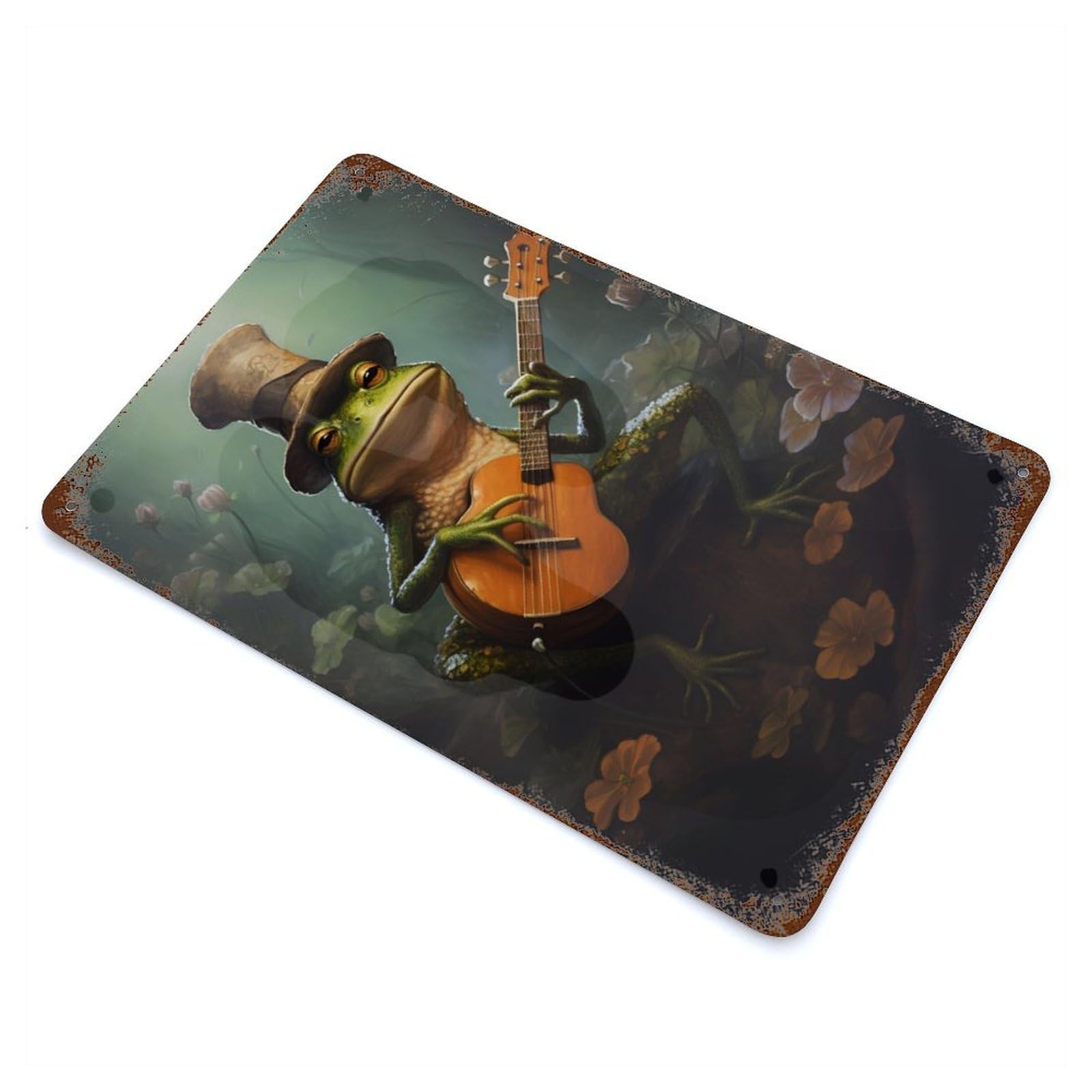 Garage Style Frog Playing Guitar Rust Effect Tin Sign 11.8"x7.9", Vintage Wall Decor for Bar And Workshop