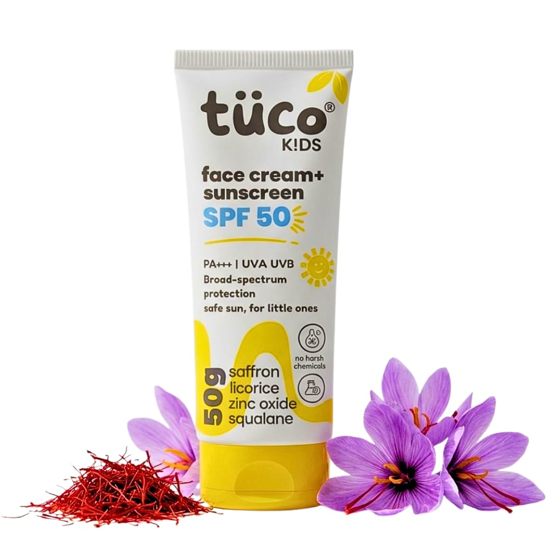 Tuco® Kids 2 in 1 Face Cream + Sunscreen SPF 50 with Saffron oil | UVA/UVB PA++++ | Broad Spectrum Protection | Benzophenone- 3 and Avobenzone Free | Ages 2-5, 5-10, 10-15 | 50gm