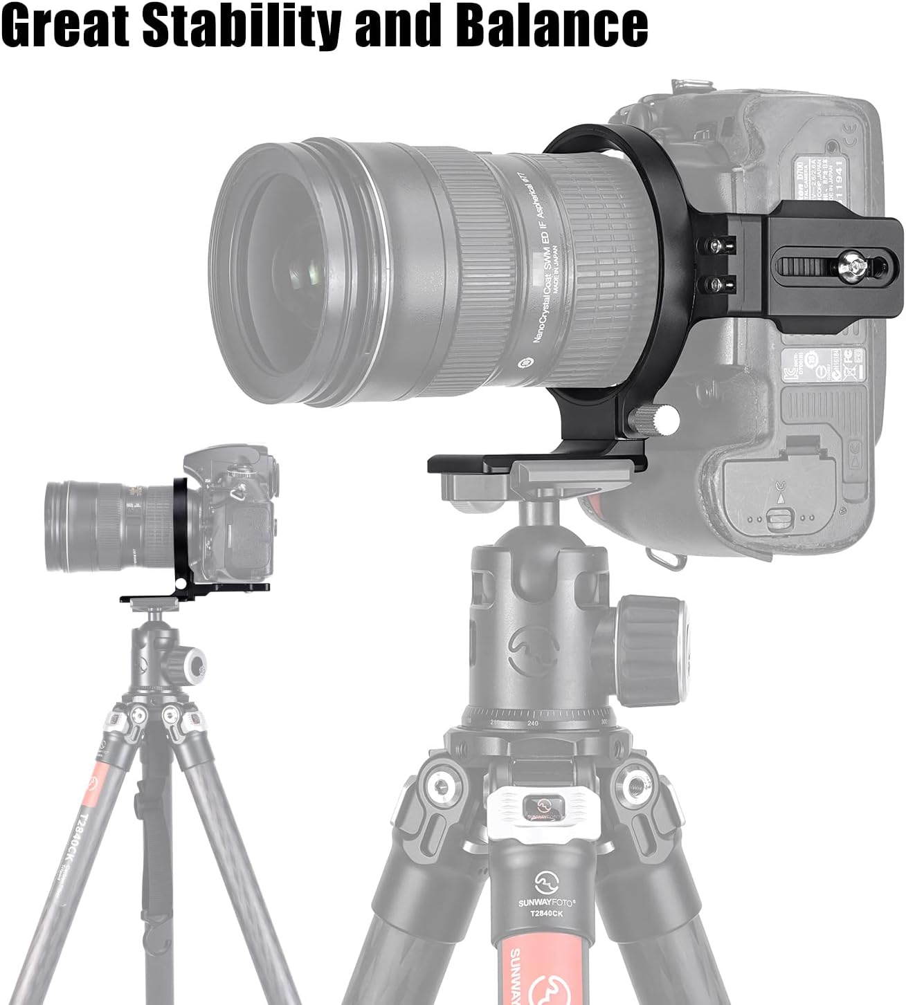 A camera with a large lens mounted on a tripod using the SUNWAYFOTO LS-75, demonstrating improved stability and balance compared to a smaller, less stable setup shown in the background.