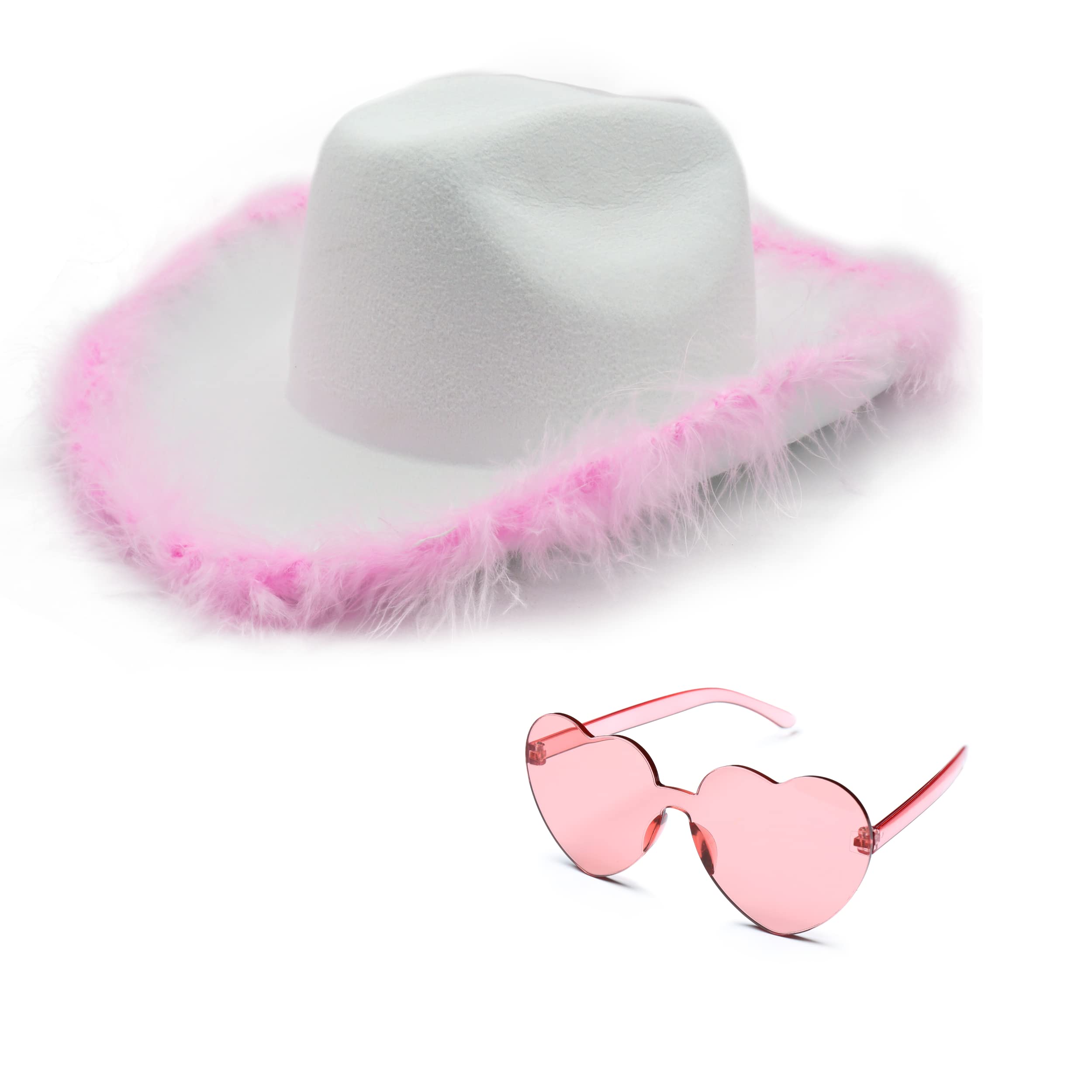4E's Novelty White Cowboy Hat with Pink Fluffy Feathers with Heart Sunglasses, Adult Preppy Cowgirl Hat for Women Halloween Cowgirl Costume Accessories for Women, Bachelorette Party Hats