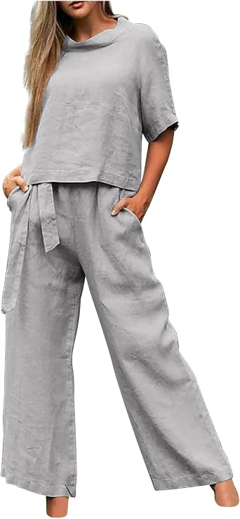 Womens 2 Piece Lounge Set Summer Casual Outfit Short Sleeve Shirts Wide Leg Pants Linen Loungewear with Pocket