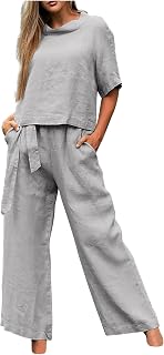 Women's 2 Piece Lounge Set Summer Casual Outfit Short Sleeve Shirts Wide Leg Pants Linen Loungewear with Pocket