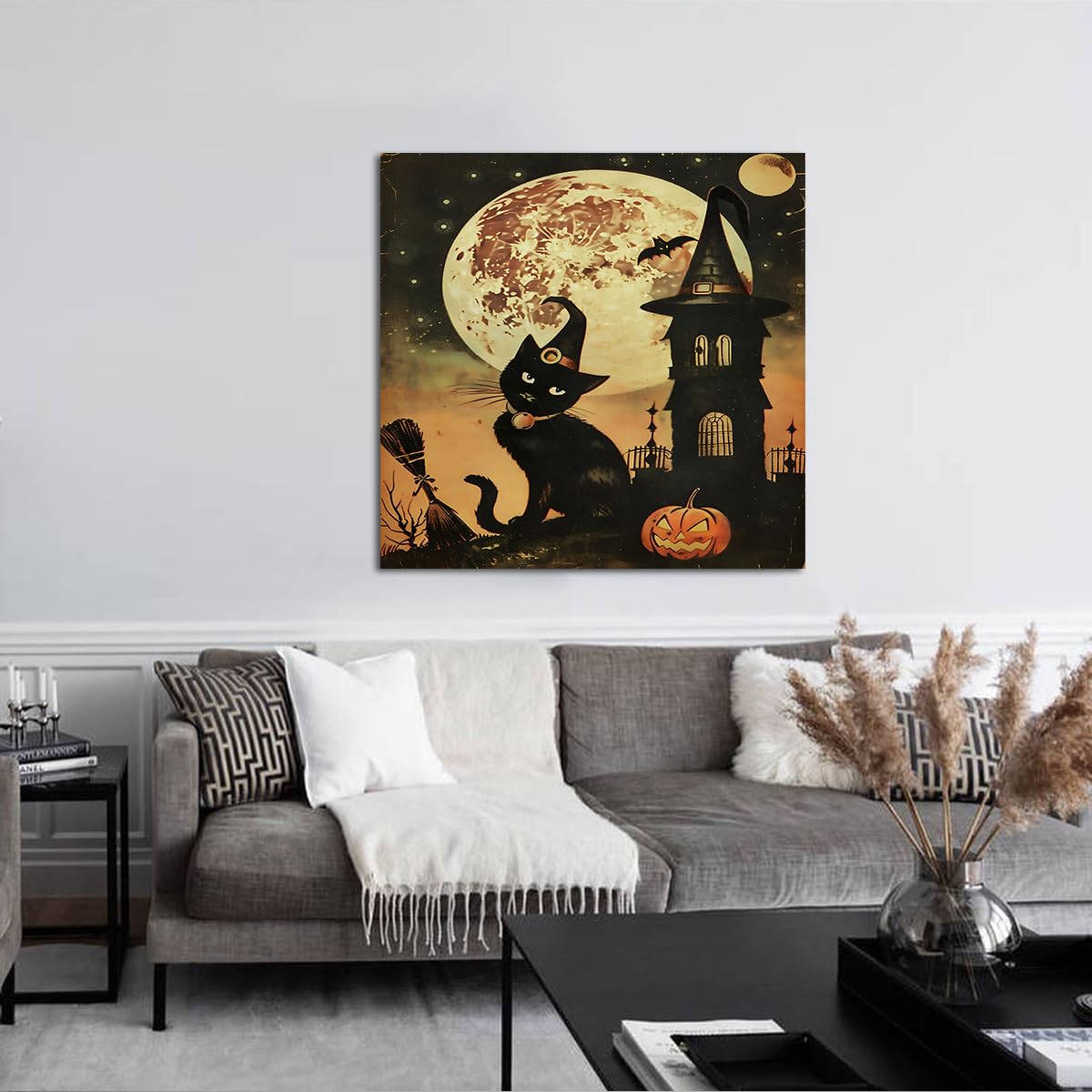 Kapelusz czarownicy dynia upiorny księżyc obrazy na płótnie wydruki Halloween czarny kot płótno sztuka ścienna do salonu sypialni dekoracja do jadalni 70 x 70 cm rama wewnętrzna