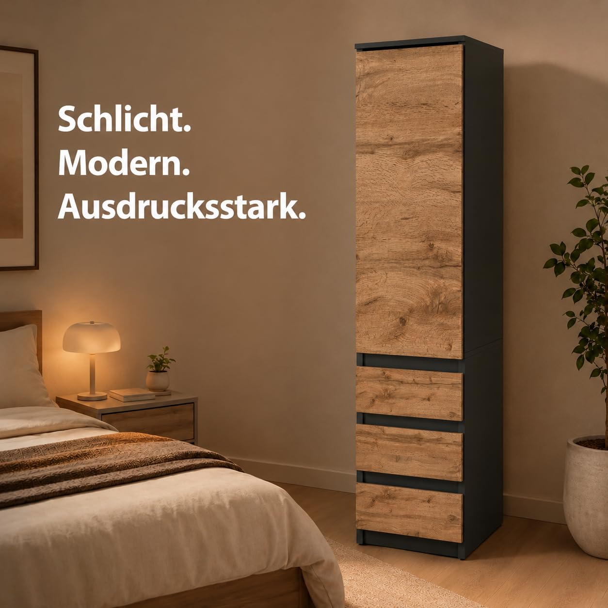 ELVA Kleiderschrank 40 cm breit – Modularer Mehrzweckschrank Anthrazit / Wotan Eiche – Grifflos Design Hochschrank mit Schubladen & Türen – Schmaler Vorratsschrank für Schlafzimmer, Flur & Büro