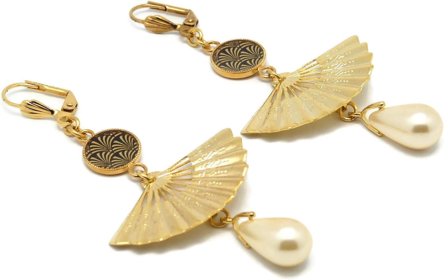 24K gold earrings resin pearl arabesques fan art deco black gold