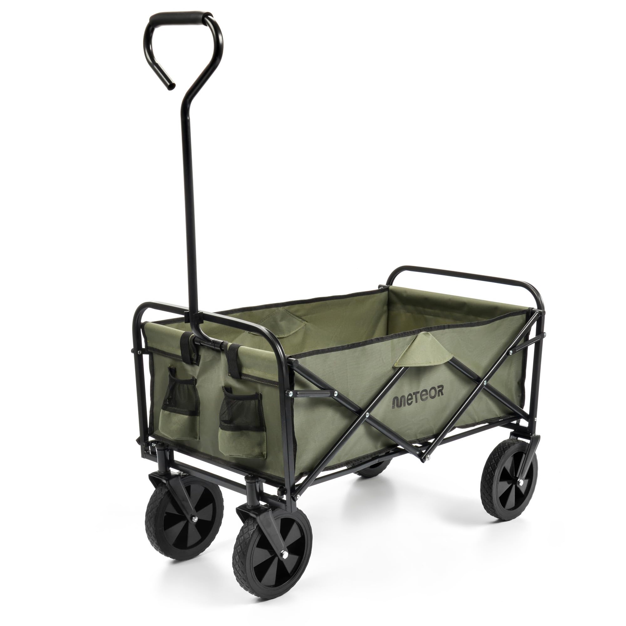 meteor Bollerwagen faltbar X-200 90L Transportwagen und Handwagen mit 80 kg Tragkraft klappbarer Gartenwagen mit Stahlrahmen PU-Rädern Seitentaschen für Camping Strand Einkauf dunkelgrün