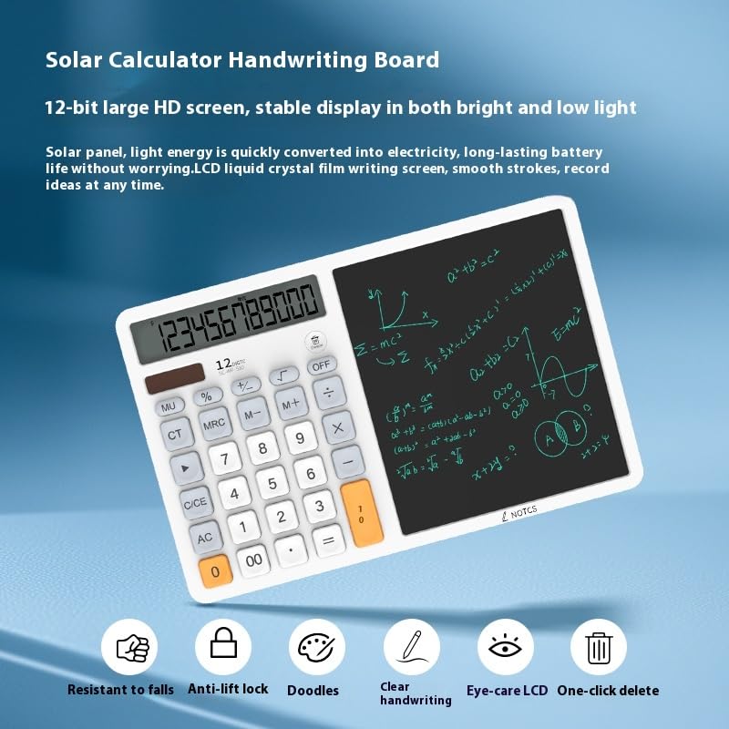 Calculatrice solaire avec bloc-notes LCD effaçable blanc 12 chiffres bureau - 4