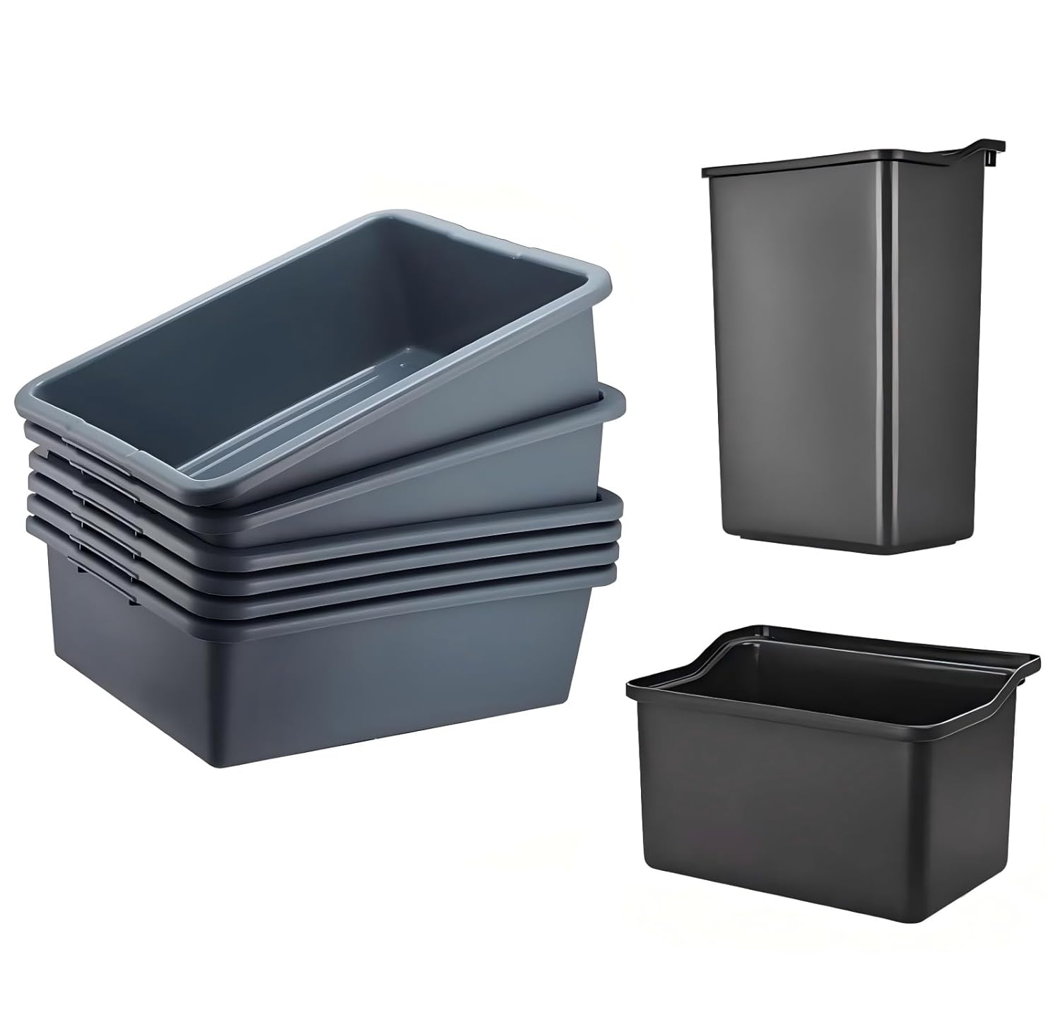 6 Pcs Commercial Bus Tubs and Trash Cans Set, Plastic Bus Tub Boxes, Heavy Duty 24L Storage Bins for Kitchen Restaurant Home Daily Use Hotel Organization Storage (Gray)