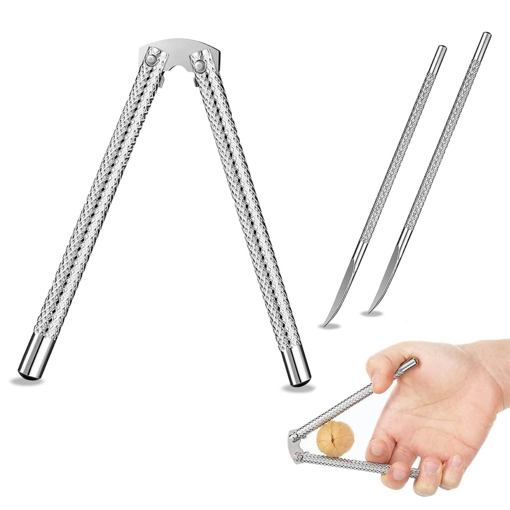 ZELMELTE Nut cracker, nut crackers for all nuts-3pcs, stainless steel walnut holderNut holder, It can also handle seafood products such as crabs, lobsters, scallops and oysters., Silver