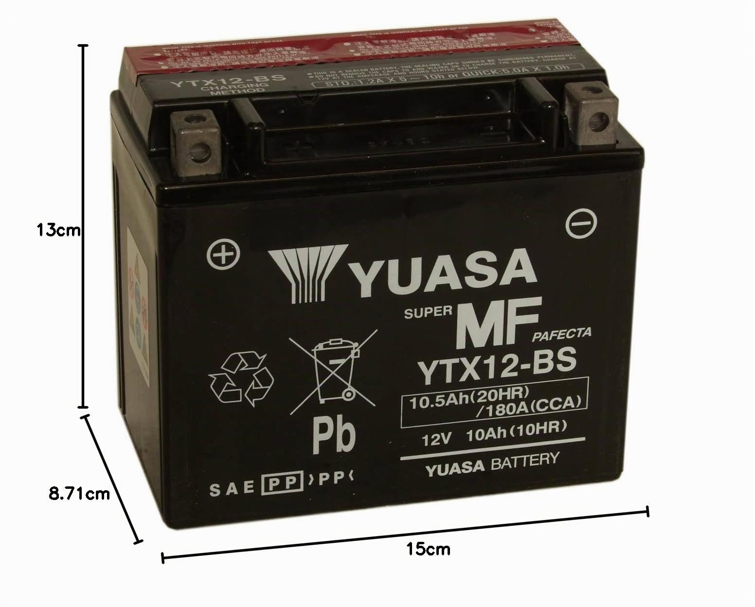 Batería sin mantenimiento para motocicleta Yuasa YTX12-12 medidas 152x88x131 mm (Largo x Ancho x Alto)
