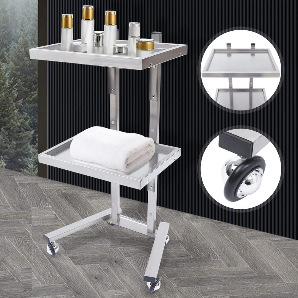 Carrito rodante de acero inoxidable de 2 niveles, carrito de servir plegable con ruedas, bandeja versátil para tatuajes, belleza y uso en la cocina, diseño duradero y portátil