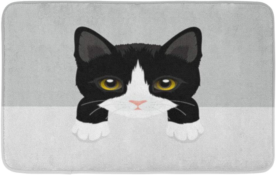 Animal Cat Tuxedo Kitty Baby Beautiful Black Bow Character Durable Doormat Indoor Outdoor Entrance Door Mat Bath Rug Decorative Patio Garage Garden