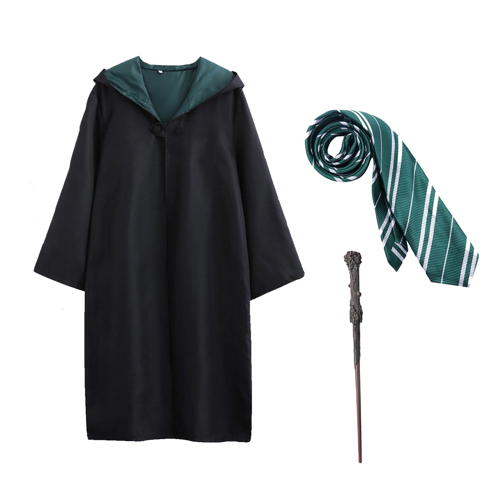 Aleshime 3PCS Childs Wizard Costume - Black Hooded Robe, Magic Wand & Tie, Boys Girls World Book Day Fancy Dress or Halloween Costumes for Kids (12-14 Years)