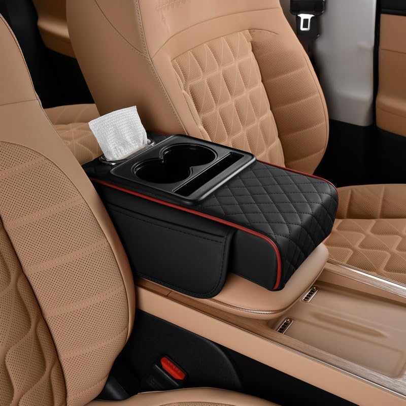 Car Center Console Cover for Emgrand GT Geely BO Rui Borui, Leather Vehicle Armrest Protector Cushion, Car Armrest Cushion with Cup Holders and Tissue Box, B Black+Red