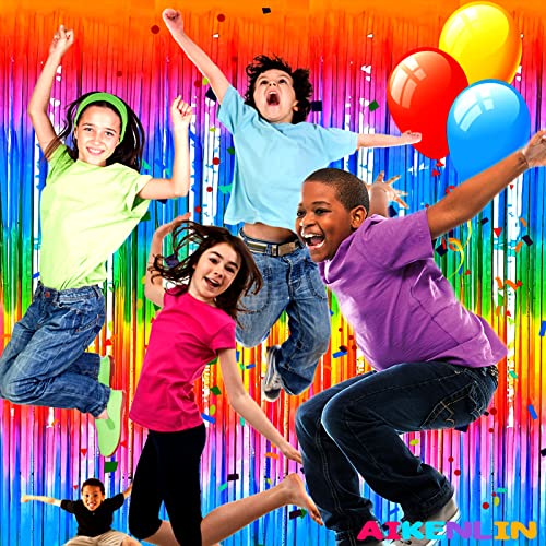 Image of 4 Pack 3.2Ft x 8.2Ft Rainbow Foil Fringe Curtain Backdrop, Colorful Metallic Tinsel Foil Fringe Streamers Curtains Background for Photo Booth, Birthday, Wedding, Halloween, Christmas Party Decoration