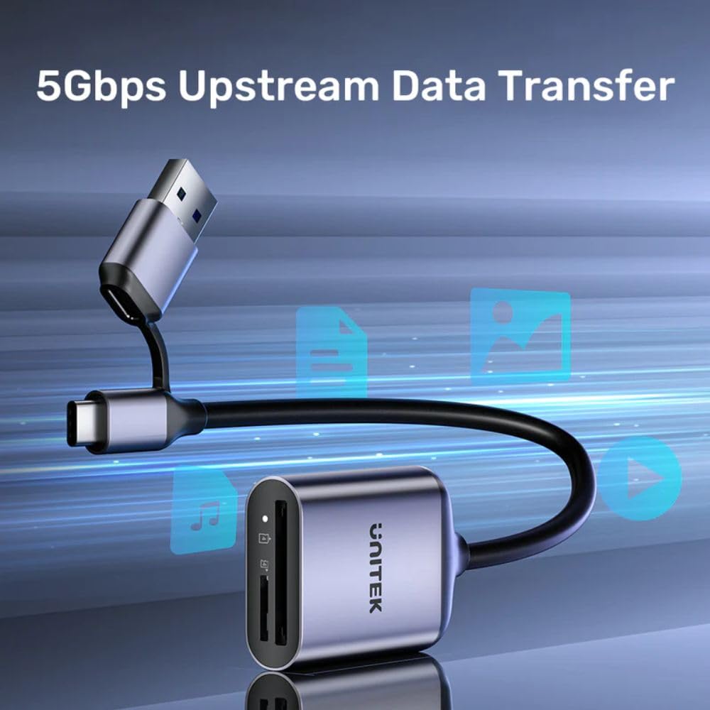 UNITEK - Lector de tarjetas de memoria SD 4.0 / Micro SD 4.0 - USB-C/USB-A
