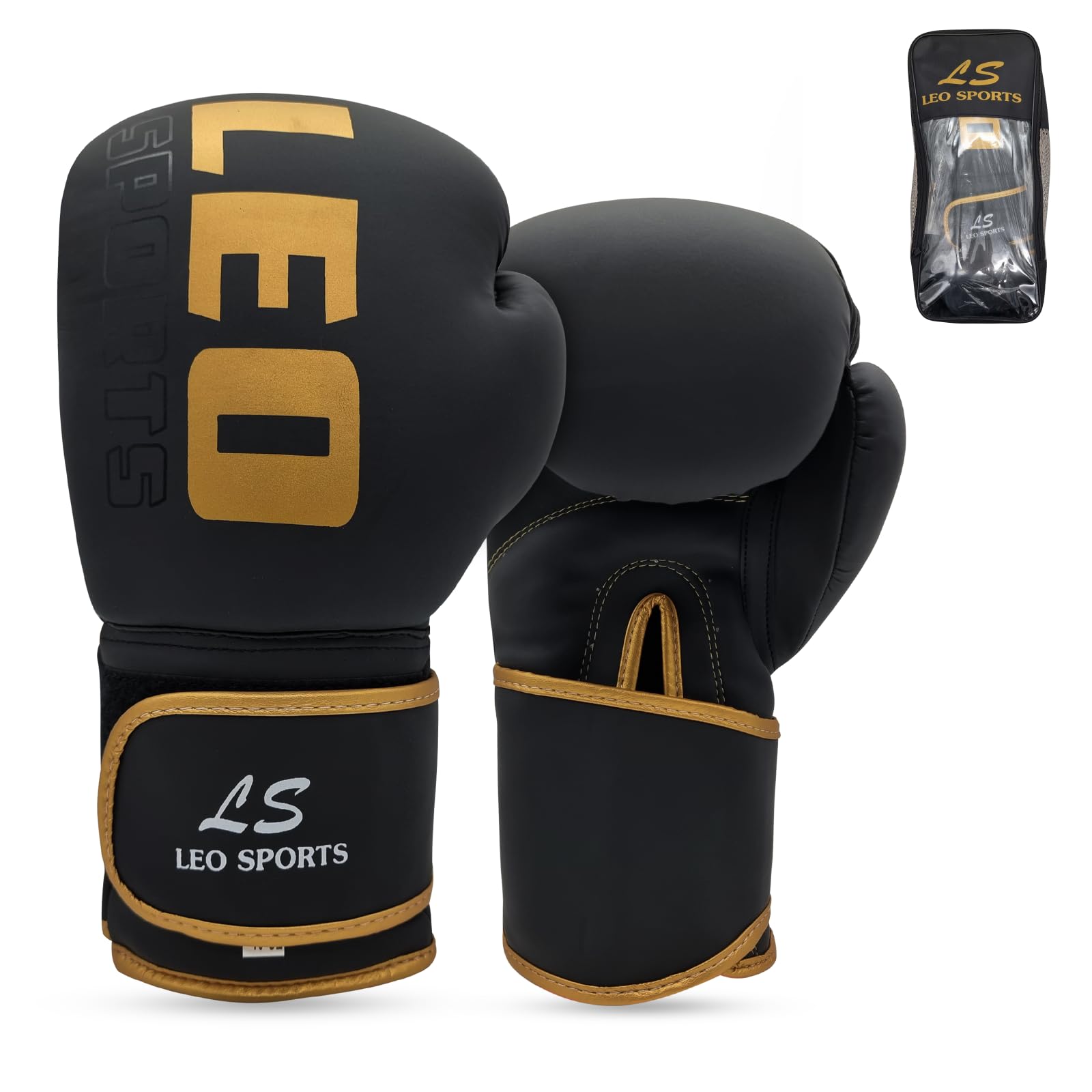 Leo Sports Boxing Gloves, Pro Training Sparring, Maya Hide Leather, Muay Thai MMA Kickboxing, Men Women, Heavy Punching Bag Focus Workout, Ventilated Palm, Multi Layered, 10 12 14 16 (Gold, 16 oz)
