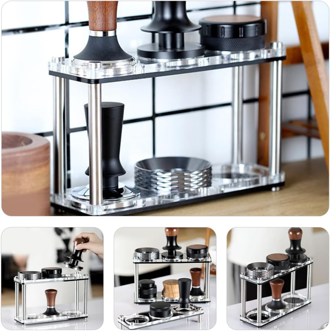 Acrylic Double Layer Coffee Utensil Storage Rack Spring Loaded Tamper Holder for