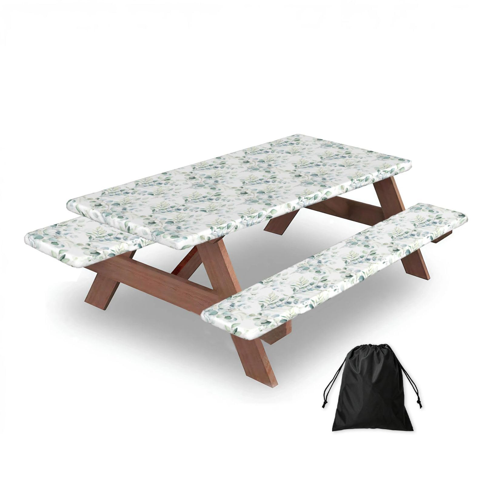 Dopklna As Picture Watercolor Green Floral Leaf Eucalyptus Round Leaves Succulent, Picnic Table Cover With Bench Covers -Waterproof Elastic Fitted Tablecloth For Garden Camping Patio 76X152cm