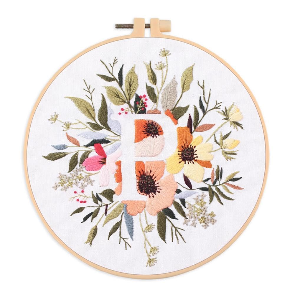 Cachpib Embroidery Kit for Beginners, Embroidery Starter Kits Stamped Cross Stitch Kit with Floral Letter Pattern, DIY Embroidery Kit with Embroidery Cloth Hoops Instructions Needles Threads, P