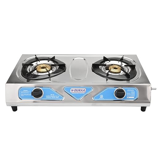 NDURAA Steelo Trend Stainless Steel 2 Brass Burner Gas Stove Cooktop