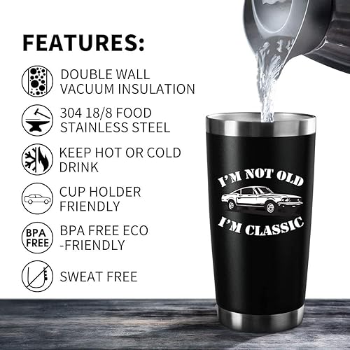 Miniatura 3 de Vaso aislado personalizado con tapa y pajita, de acero inoxidable, con texto en inglés "I'm Not Old I'm A Classic", de 20 onzas, idea de regalo