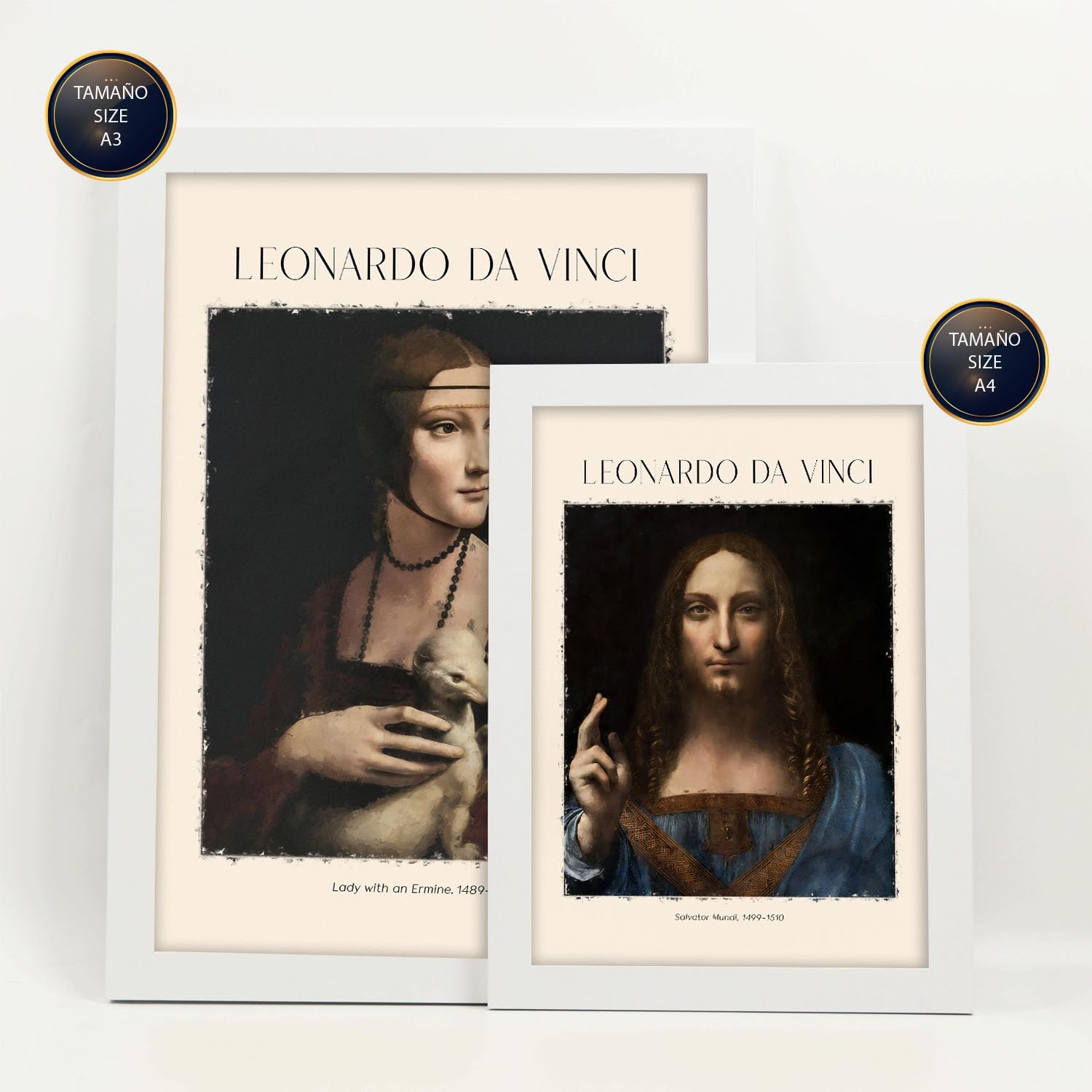 Nacnic Foglio poster da Vinci. Galleria del pittore. Dipinti decorativi per il tuo soggiorno, camera da letto, casa. Stampe d'arte da parete. Dimensioni A4 e A3 con cornici bianche